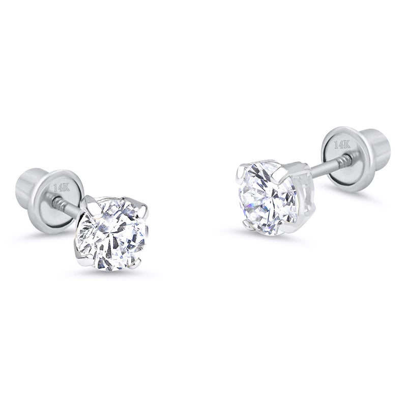 Lovearing 14k White Gold 5mm Basket Round Solitaire Cubic Zirconia Children Screw Back Baby Girls Earrings - Image 1